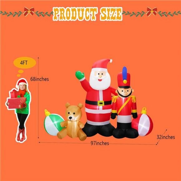 Beyamis 8Ft Christmas Inflatable Nutcracker Soldier  8FT Length Christmas Inflatables Santa Claus Nutcracker Soldier and Bear
